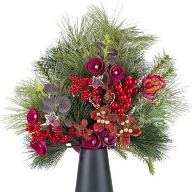 Imagem de Rhytsing 6 palhetas de árvore de Natal para artesanato artificial de 39,9 cm com frutas vermelhas e flores feitas à mão, palhetas de pinheiro falso de Natal para DIY, decoração de vaso e guirlanda, 2