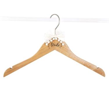Imagem de Cabide de noiva de madeira com laço de pérola, madeira natural, gancho de aço inoxidável, fonte brett, acessório para foto de vestido de noiva, presente de chá de panela