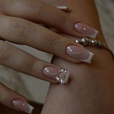 Imagem de Pregos postiços quadrados médios brancos franceses com laço 3D simples Desien cobertura completa cola acrílica falsa em unha para mulheres, 24 peças