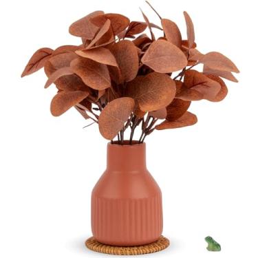 Imagem de MiaTen Hastes artificiais de eucalipto verde em vaso de cerâmica, 10 peças, plantas falsas, folhas de eucalipto para decoração de mesa de centro de mesa, decoração de sala de casa, escritório