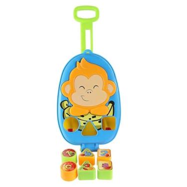 Imagem de Brinquedo Educativo Infantil com Macaquinho, Baú Didático com Blocos de Formas e Números, Azul e Verde, para Crianças