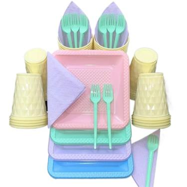 Imagem de Kit Festa Aniversario 180 Itens Candy Descartavel Diamante Premium C/Pratos Copos Garfinho Cor Pastel Azul Rosa Amarelo (Sortidos Candy)