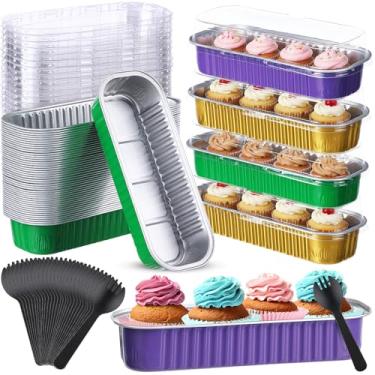 Imagem de Blushtier 540 peças de mini formas de pão com tampas e colheres de 193 g formas retangulares de folha de alumínio para assar sobremesas (dourado, verde escuro e roxo, estilo retangular)