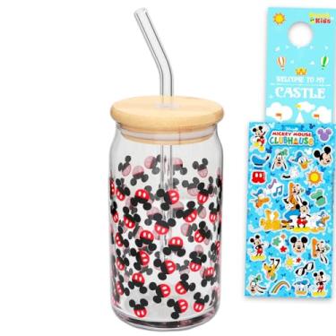 Imagem de Disney Conjunto de copos de vidro Mickey Mouse - Pacote com copo de 473 ml com tampa e adesivos de canudo Plus, mais | Conjunto de utensílios reutilizáveis Mickey Mouse para mulheres