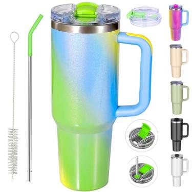 Imagem de Copo de 1,134 g com alça e tampa de canudo de silicone à prova de vazamento, tampa de palha, caneca de café de viagem, garrafa de água de aço inoxidável, copo isolado para bebidas quentes e frias