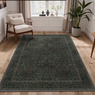 Imagem de GENIMO Tapetes vintage 12 x 18 cm para sala de estar e quarto, tapete pequeno lavável antiderrapante para sala de jantar, entrada e cozinha, tapete de destaque resistente a manchas (verde carvão)