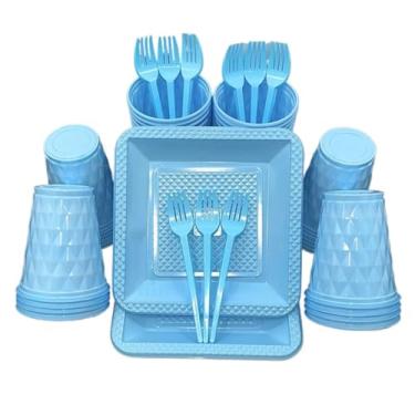 Imagem de Kit 260 Itens Descartaveis Festa Aniversário Prato Quadrado Diamante Plástico Colorido Perolado Candy Pastel (Azul Candy)