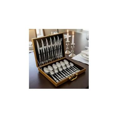 Imagem de Conjunto de Talheres 24 Peças em Aço Inoxidável, Faqueiro Completo com Maleta Dourada, 6 Facas 21,5cm, 6 Garfos 20cm, 6 Colheres Mesa 20cm, 6 Colheres Sobremesa 14cm