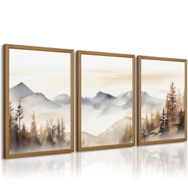 Imagem de Conjunto de 3 peças de arte de parede de montanha neutra para decoração de parede floresta, arte de parede, paisagem, arte de parede, imagens modernas, pintura abstrata, impressões em aquarela para