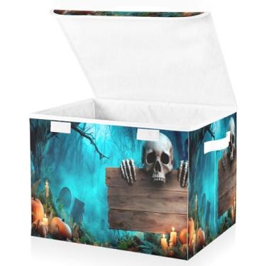 Imagem de Blueangle Caixas de armazenamento dobráveis 1 pacote, cestas de armazenamento de tábua de madeira de Halloween com tampas e alça para casa quarto armário escritório (412)