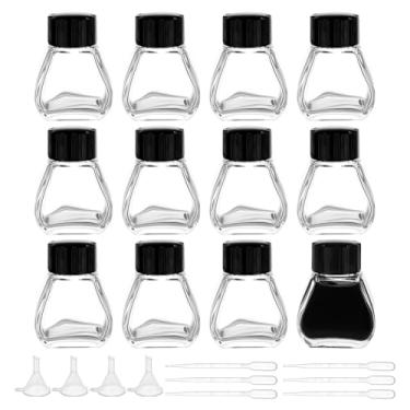 Imagem de BENECREAT 12 frascos de tinta de vidro resistentes, frascos de tinta vazios transparentes de 30 ml, garrafas de vidro com tampas de plástico pretas, com 6 conta-gotas de plástico, 4 funis de 4 x 4,3 x