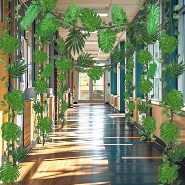 Imagem de HIYZI Conjunto de 47 peças de decorações de festa com tema de selva, 2 rattans artificiais, 5 videiras falsas hera, 40 folhas de palmeira tropicais, decorações de floresta tropical, safári, jardim