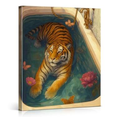 Imagem de Impressão de arte de parede de banheiro de tigre engraçado de luxo na banheira imagem moderna animal banheiro decoração de parede 20 x 25 tela emoldurada