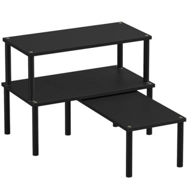 Imagem de Danfoxer Prateleira organizadora de armário (conjunto de 3), prateleiras de bancada de cozinha de bambu para bancada e armário, prateleiras empilháveis para especiarias, grande (preto)