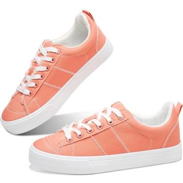 Imagem de Obtaom Tênis feminino de lona bonito com cadarço moderno confortável tênis de skate feminino casual sem salto, Lona laranja, 34