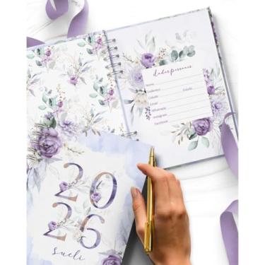 Imagem de Agenda 2026 DATADA, personalizada COM O NOME DO COMPRADOR, folhas decoradas, A5, 2 dias por página(folhas decoradas,Violeta)