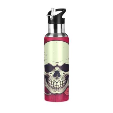 Imagem de Wassud Garrafa de água com caveira sorridente, de aço inoxidável, esportiva, garrafa de água com isolamento de palha, copo portátil para viagem, 946 ml