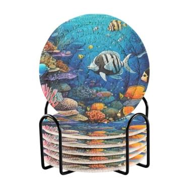 Imagem de Wassud Porta-copos com suporte colorido de recife de peixe absorvente conjunto de porta-copos para decoração de casa, proteção de mesa, 6 peças