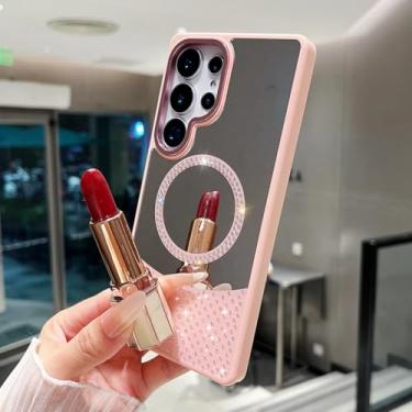 Imagem de HJZSZX Capa magnética com espelho de vaidade e glitter para Galaxy A35 (para Galaxy A35/rosa)