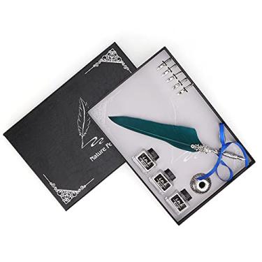 Imagem de Conjunto de canetas de pena de caligrafia retrô Caneta de imersão de liga de zinco premium com 5 pontas substituíveis Escrita suave Aperto leve e confortável Ideal para artistas (Verde)