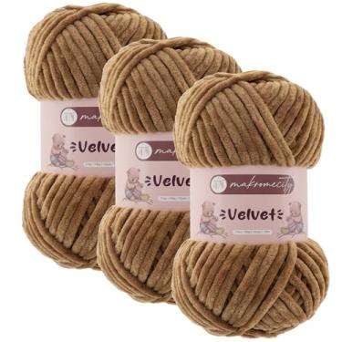 Imagem de Makromecity 3 novelos de fio de veludo 100 g (3,5 oz) / 120 m (132 jardas) fio de chenille premium 100% poliéster, ultra macio, antibolinhas, lavável na máquina, 30 cores para tricô e crochê (camelo