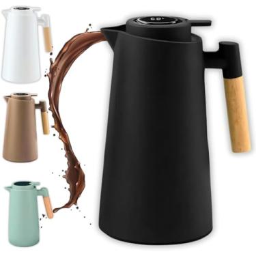 Imagem de Garrafa Térmica 1L Com Termômetro Digital LED e Cabo de Madeira Premium Mantém Bebidas Quentes ou Frias, Design Moderno, Vácuo Duplo, Antiderrapante, Ideal para Café e Chá(Preto)