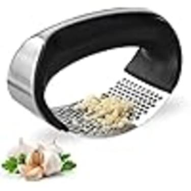 Imagem de Espremedor de Alho Manual com Alça, Preto e Prata, Aço Inoxidável, Utensílio de Cozinha