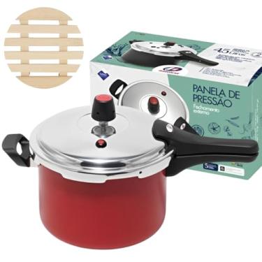 Imagem de Panela de Pressão 4,5 Litros Antiaderente Fechamento Externo + Descanso de Panela Redondo Madeira 14,5cm