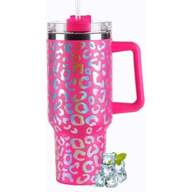 Imagem de Copo Térmico Grande 1200ml de Aço Inoxidável com Alça, Parede Dupla, Tampa com Canudo, Isolamento Térmico, Cilíndrico, Moderno rosa