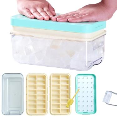 Imagem de HOUSIMPLE Bandeja de gelo Push Ice Cube para freezer com tampa e lixeira, 32 moldes de plástico de silicone com colher e escova de esponja (Mintbeige, MIDDLEPUSH Conjunto de 2 bandejas)