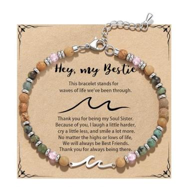 Imagem de QILMILY Pulseira de onda/laço/cruz para mulheres, pulseiras coloridas com contas de pedra natural, presente de amizade exclusivo para melhor amiga, irmã e mãe, presentes de aniversário para mulheres