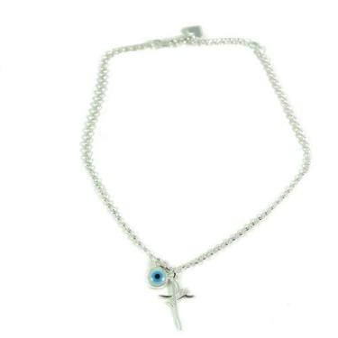 Imagem de Tornozeleira Prata Legitima 925 Elo Fé E Olho Grego