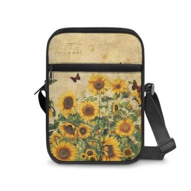 Imagem de CLOHOMIN Bolsa mensageiro para mulheres pequena bolsa tiracolo masculina bolsa tiracolo para chave óculos organizadores de cartões de crédito presentes de férias, Girassóis retrô