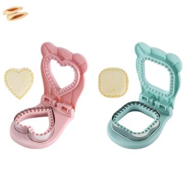 Imagem de Conjunto de cortador de sanduíche e selador, 2 unidades de sanduicheira sem crosta para crianças, lancheira fofa PB&J para café da manhã, lanches e preparação de refeições, coração rosa e azul