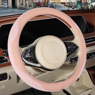 Imagem de Binsheo Capa de volante de couro Nappa, tecido respirável antiderrapante de couro de microfibra avançado, quente no inverno e fresco no verão, rosa grande 39,4 cm a 40,6 cm