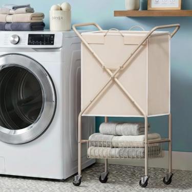 Imagem de MIBOIM Cesto de roupa suja com rodas: carrinho de lavanderia com rodinhas de 88 L, armação de metal, cesto de roupa suja, 91 cm, 4 rodízios, 2 freios, impermeável, removível, alça de transporte para