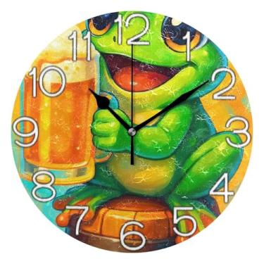 Imagem de GAIGEO Relógio de parede analógico decorativo moderno alimentado por bateria relógio de cozinha de escritório, decoração de parede de casa de fazenda, sapo verde fofo colorido, 25 cm, ponteiros