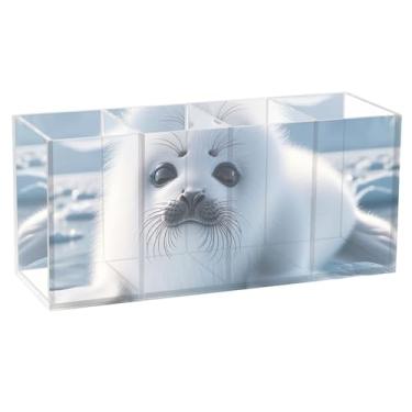 Imagem de TSENQUE Porta-lápis de mesa colorido, fofo, adorável foca, polar, animal, acrílico, fofo, porta-pincéis de maquiagem, porta-copos, escritório, decoração de escritório, organizador de mesa