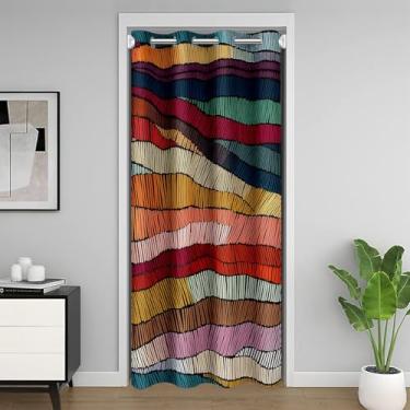 Imagem de jejeloiu Cortina de porta Boho para janela de entrada 106,7 cm x 203,2 cm Bohemian ondulado isolamento térmico divisores temporários arco-íris bordado ondas impressão armário capa geométrica tribal