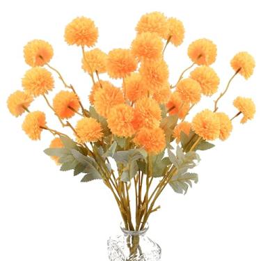 Imagem de Mandy's 6 hastes de seda laranja Kiku Ball Flowers – hastes artificiais de crisântemo para decoração de casa, casamento e mesa central, arranjo floral falso realista, estilo minimalista e elegante