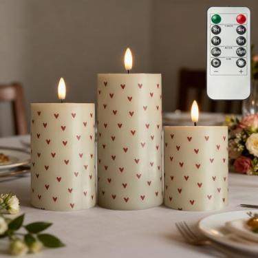 Imagem de LUSHARBOR Velas de pilar sem chama do dia dos namorados com coração, chama cintilante 3D operada por pilha, velas de LED de cera real com controle remoto, vela elétrica perfeita para decoração de