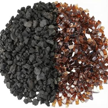 Imagem de Baquler Conjunto de vidro de cobre para fogo de 3 kg e pedra vulcânica preta de 3 kg, 1/2-1 polegada, para lareira a gás reflexiva, pedra de vidro para lareira de propano natural, interior e exterior