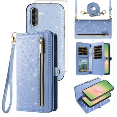 Imagem de Capa de celular para Samsung Galaxy A56 5G carteira com zíper destacável capa magnética com protetor de tela alça transversal alça brilhante glitter flip porta-cartão de crédito slots A 56 56A LTE