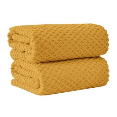 Imagem de Great Bay Home Lençóis de banho grandes amarelos - 100% algodão, pacote com 2, conjunto de toalhas extra grandes 68 x 35 - absorventes e duráveis, toalhas grandes de secagem rápida para banheiro