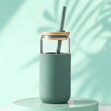 Imagem de Bolttles de água de vidro de 500 ml com canudo, garrafa de água motivacional grande com garrafas de água esportivas com jarro de manga de silicone para treino de academia, verde-oliva, 1 pacote