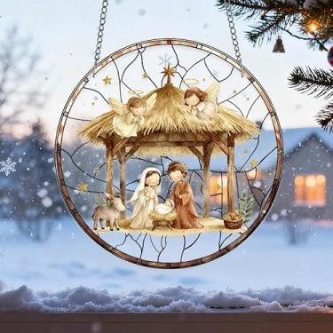 Imagem de Enfeite de acrílico para pendurar em janela de 19 x 19 cm, plano 2D, ideia de presente e ornamento de jardim para uso interno e externo, adequado para Ação de Graças, Natal, Ano Novo (flores azuis)