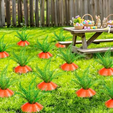 Imagem de Lorigun 12 conjuntos de decorações de cenoura para jardim de páscoa ao ar livre gramado de primavera DIY plantas artificiais cenouras falsas decorações de festa de Páscoa, placa de quintal rústica