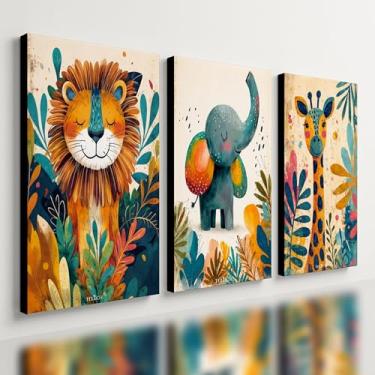 Imagem de Kit 3 Quadro Decorativo Safari Colorido Infantil Animal Qualidade Premium Moderno (40x28cm)