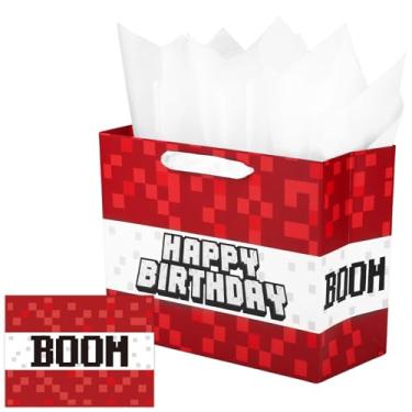 Imagem de Sacola Aniversário Grande Pixel, 30x24x13,5cm Sacola Presente Aniversário de Tema Videogame com Cartão e Papel de Seda para Embrulho para Festa Temática Pixel