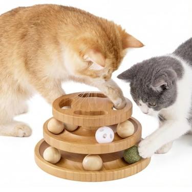 Imagem de ZOMISIA Brinquedo de pista de bola de gato com topo de quebra-cabeça e sino faça você mesmo, brinquedos de madeira para gatos internos, torre de bola de gatinho interativa para exercícios físicos e